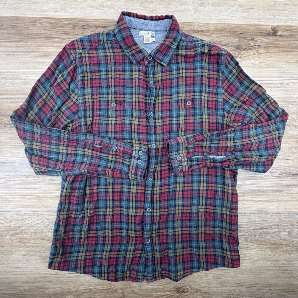 Carbon 2 Cobalt Shirt Mens Size M Cotton Long Sleeve Red Plaid - Picture 2 of 7